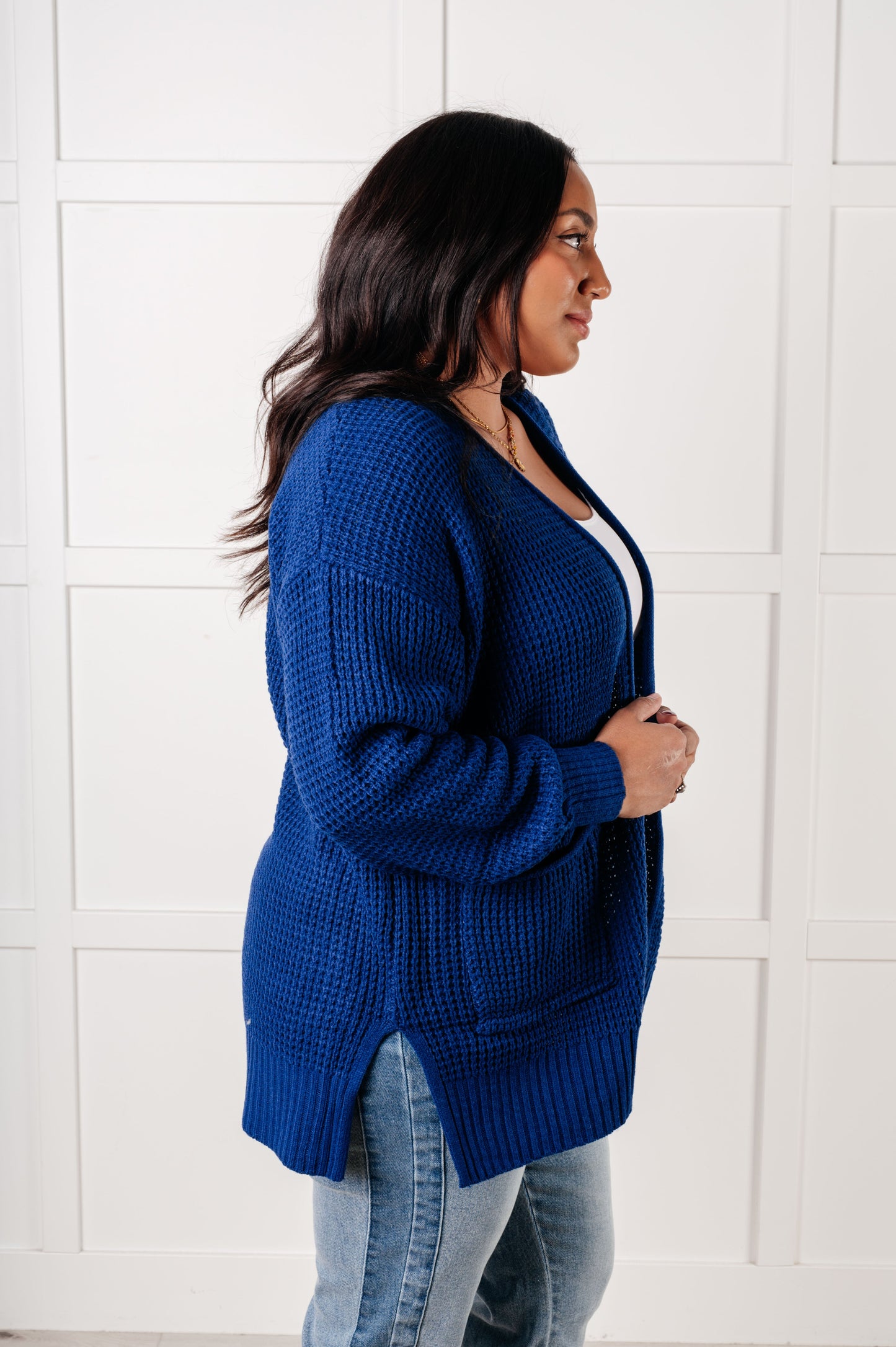 Everything Layer Waffle Knit Open Front Cardigan in Light Navy