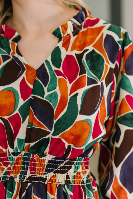 Leafing it All Behind Long Sleeve Tiered Dress