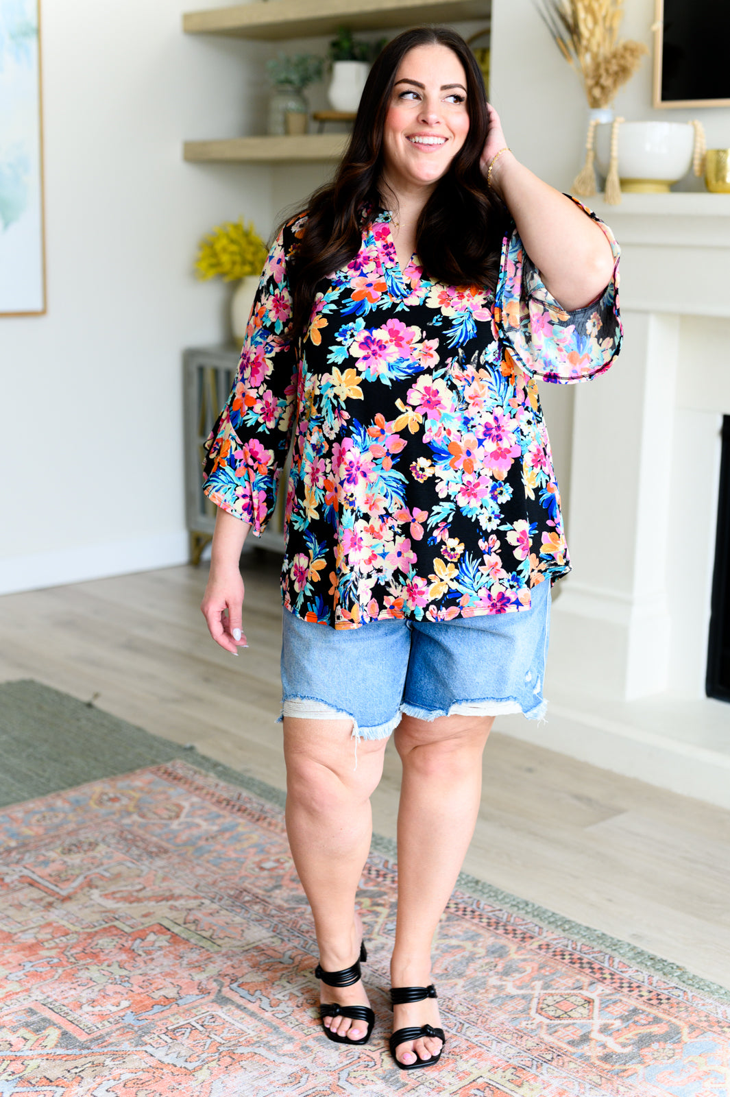 Lizzy Bell Sleeve Top Black and Teal Tropical Floral