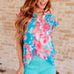 Lizzy Flutter Sleeve Top in Blue and Pink Roses