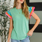Petals & Poise Floral Flutter Sleeve Top in Green