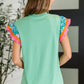 Petals & Poise Floral Flutter Sleeve Top in Green