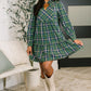 Plaid Perspective Split Neck Long Sleeve Dress
