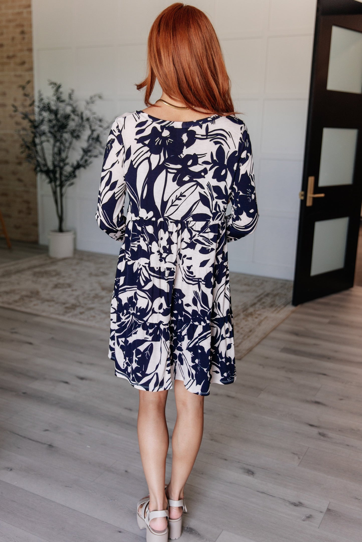 Worthwhile Moment Floral Tiered Dress in Oatmeal and Navy