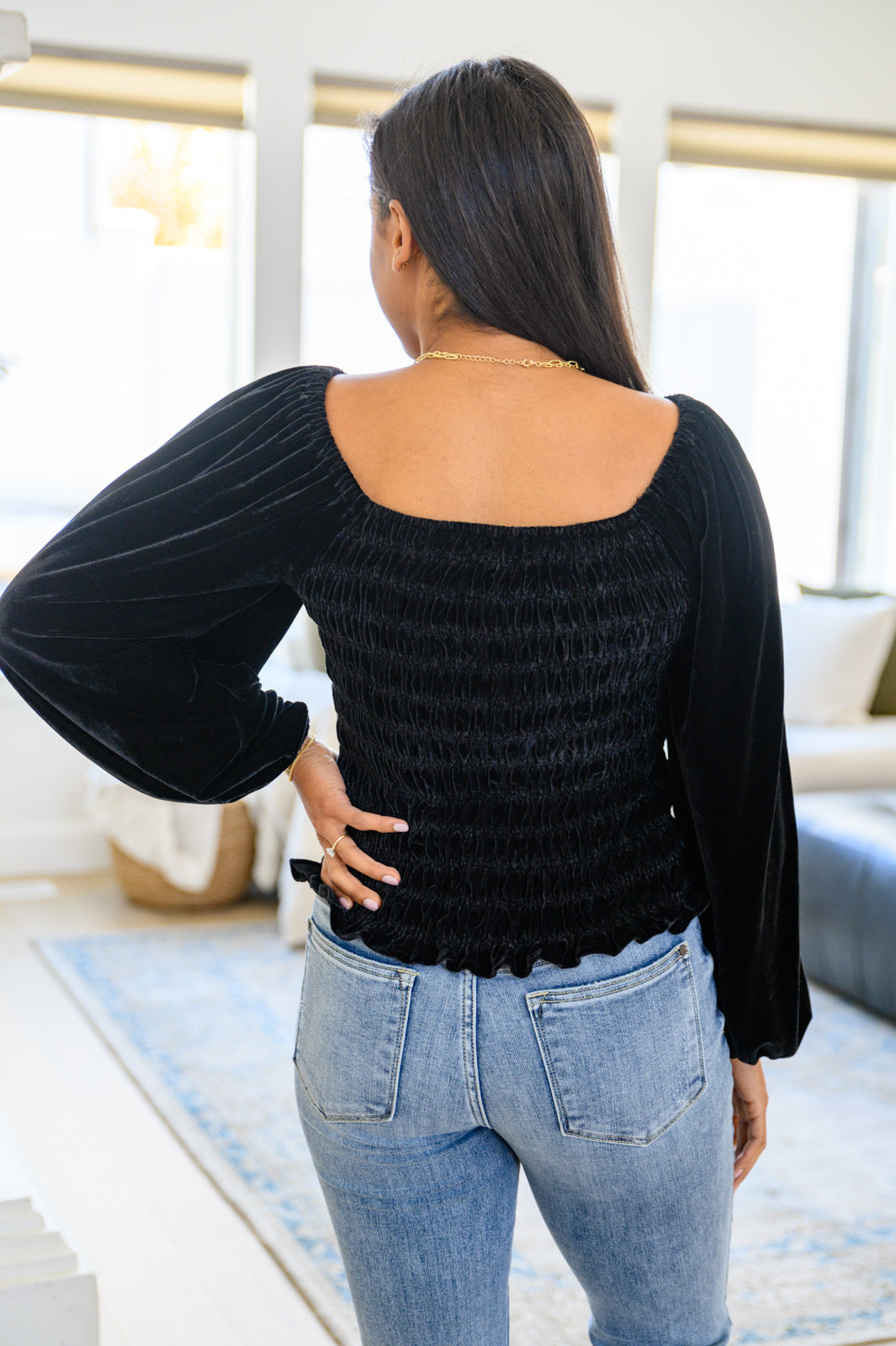 Believe In Miracles Smocked Velvet Top In Black