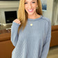 Textured Line Boat Neck Long Sleeve Top in Dusty Blue