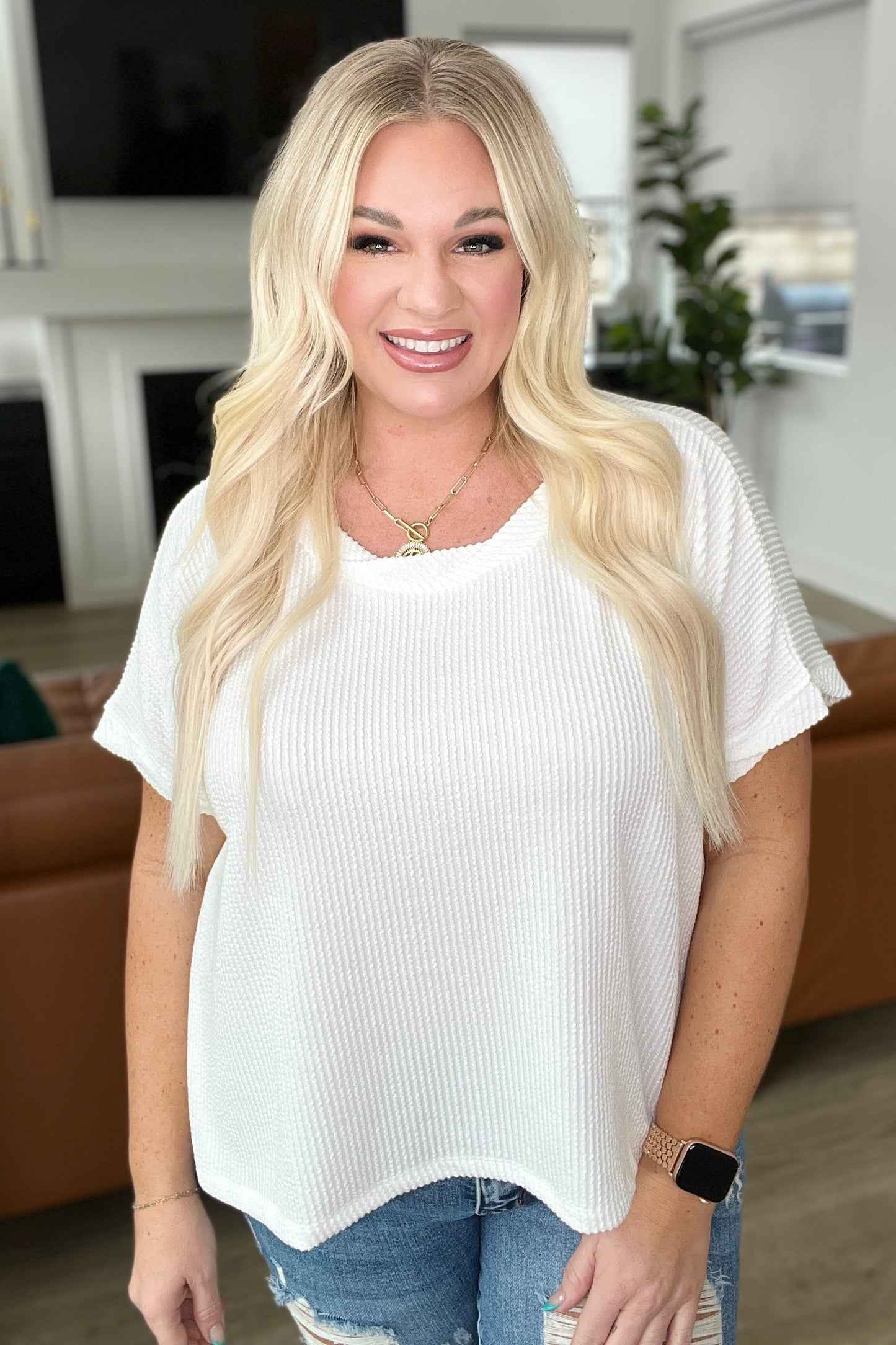 Textured Line Twisted Short Sleeve Top in Off White