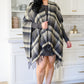 Plaid Fringe Trimmed Open Poncho in Black