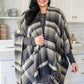 Plaid Fringe Trimmed Open Poncho in Black