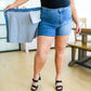 Sally Mid Rise Overlapping Distressed Denim Skort